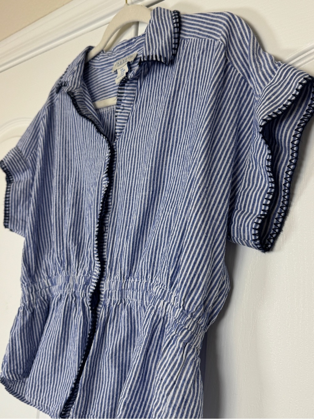 Calypso St. Barth Linen Blend Striped Peplum Button Front Blouse Medium - Picture 4 of 13